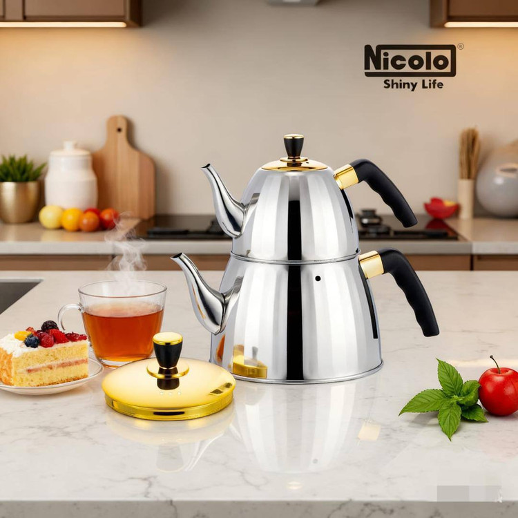 ست کتری و قوری استیل نیکولو مدل دسته بغل جنس باکالیت مشکی